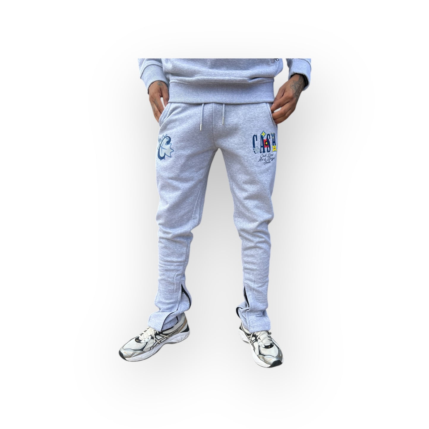 Light gray sweatpants with brand logo on a white background