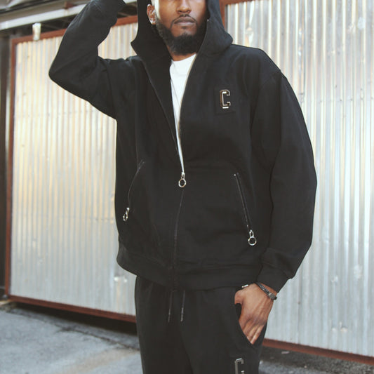 CHROME ZIPPERED HOODIE : VINTAGE BLACK