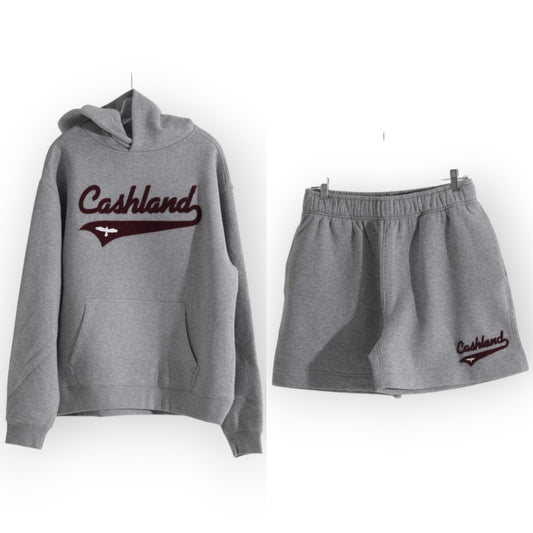 GREY HOODIE SHORT SET : BURGUNDY SCRIPT