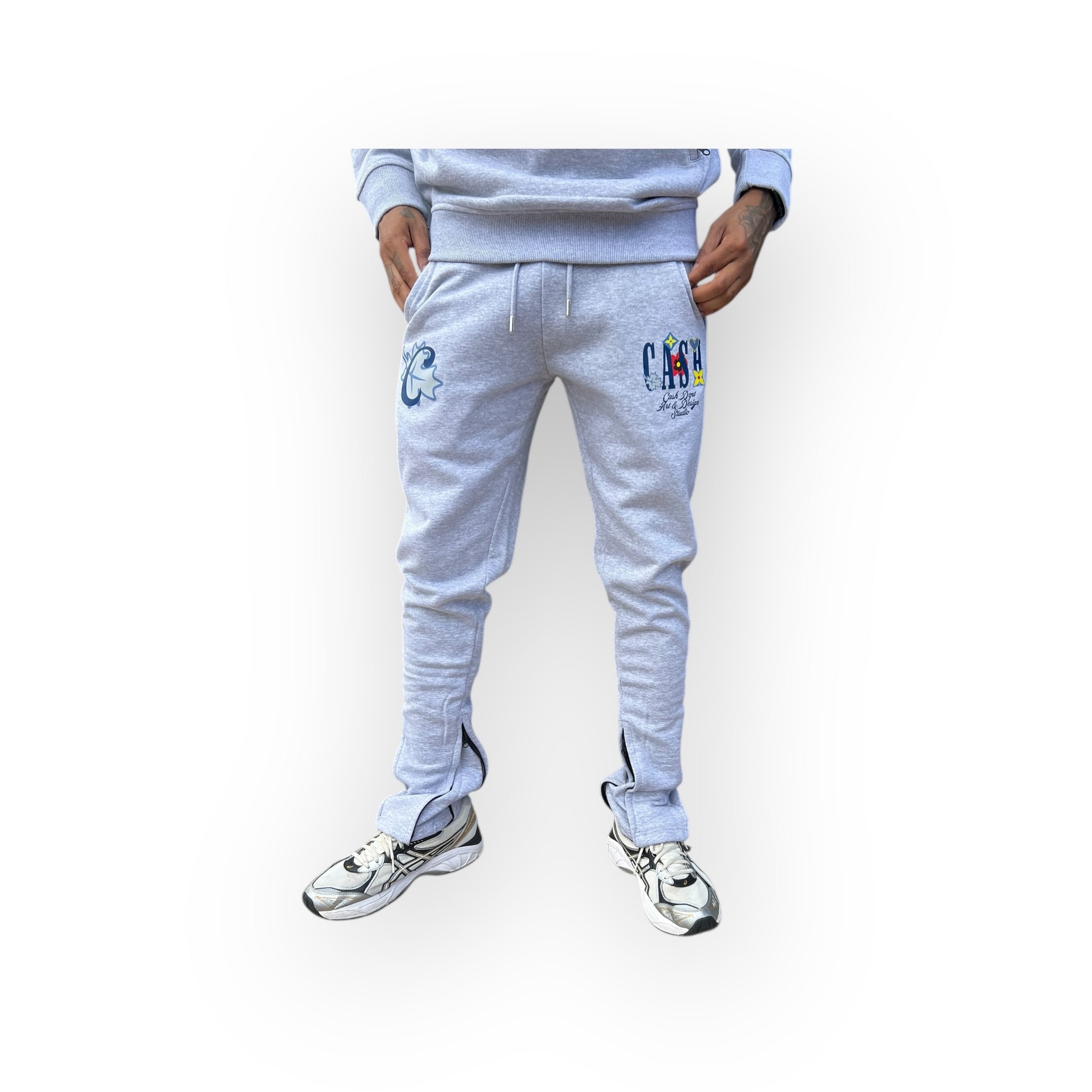 Light gray sweatpants with brand logo on a white background