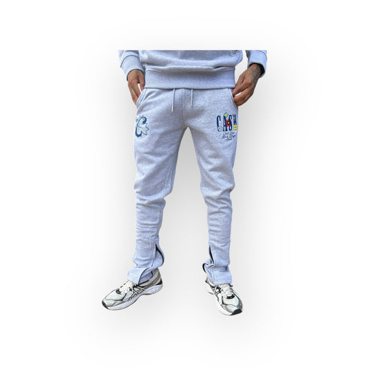 Light gray sweatpants with brand logo on a white background