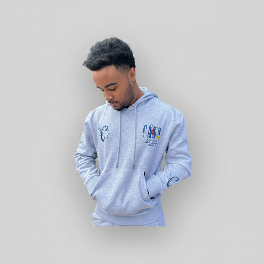 Person wearing a light blue hoodie with designs on the chest against a white background